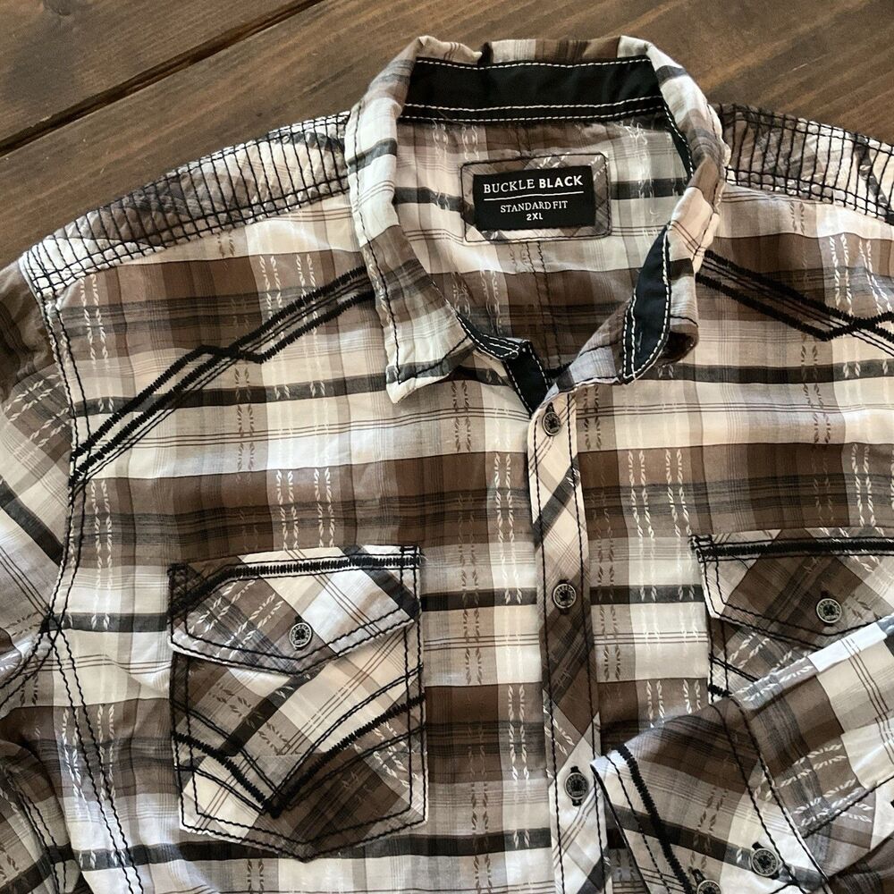 Buckle Black Shirt Mens 2XL Brown Plaid Long Sleeve Button Up Western Cowboy